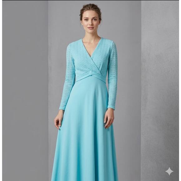 Sears Fashion Dresses & Skirts - Vintage 70s Sears Blue Lace VNeck Maxi Dress Long Sleeve Mod Medium / Large Belt